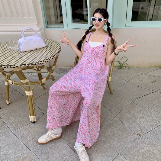 【ボトムス】夏新作 ゆったりカジュアル オーバーサイズ ピンクフラワー ジャンプスーツ【SHシリーズ】