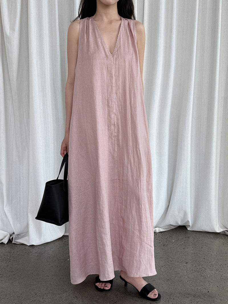【ワンピース】韓国系シックVネック 夏用 100%苎麻 ノースリーブワンピース【JZシリーズ】