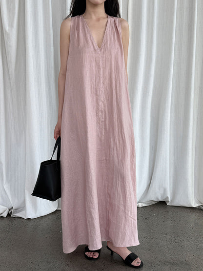 【ワンピース】韓国系シックVネック 夏用 100%苎麻 ノースリーブワンピース【JZシリーズ】