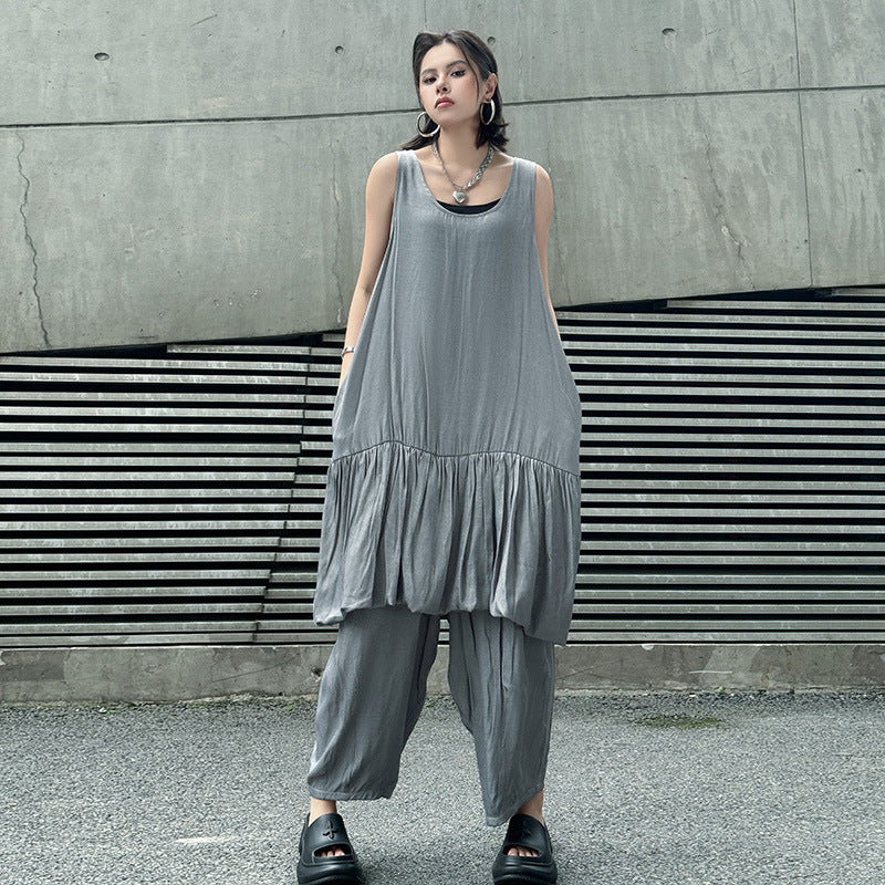 【セットアップ】【単品注文】夏 ゆったり ティアードワンピース + サルエルパンツ 2点上下セット【AHシリーズ】