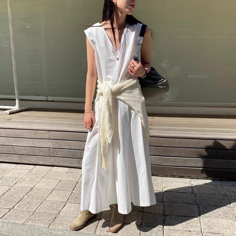 【ワンピース】夏 Vネック フリルギャザー タンクトップ ノースリーブ ワンピース