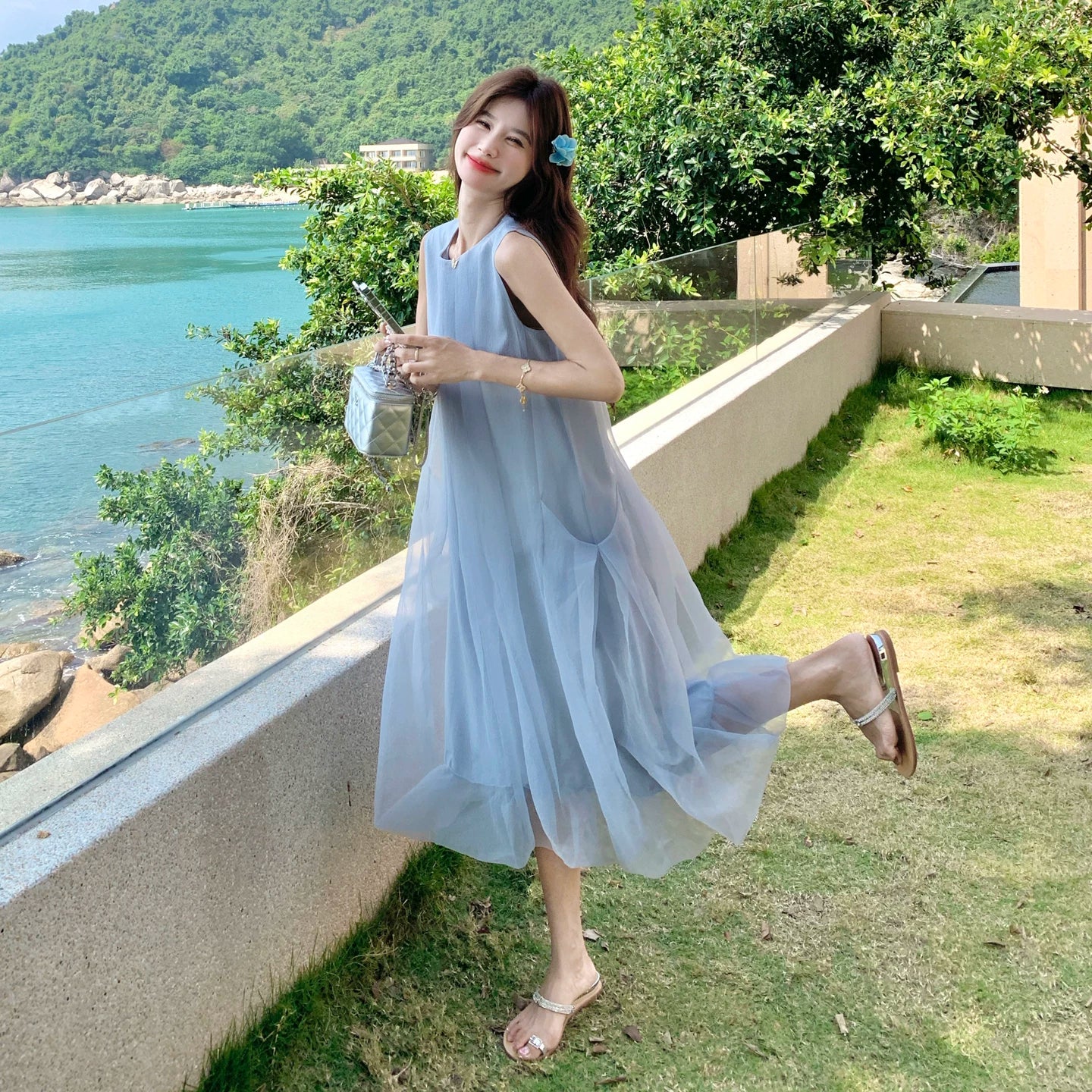 【ワンピース】大人可愛い ワンピース レディース 夏 ノースリーブ チュール 花びらシルエット ミディ丈 フェミニン【JZシリーズ】