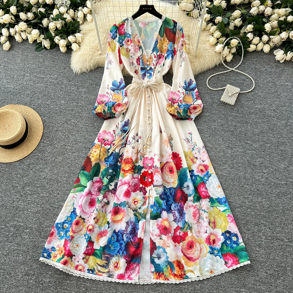 5柄展開🎨【ワンピース】レースフリル花柄ワンピース レディース 春新作 Vネック ボタン付き フィットシルエット フレンチ風【SHシリーズ】