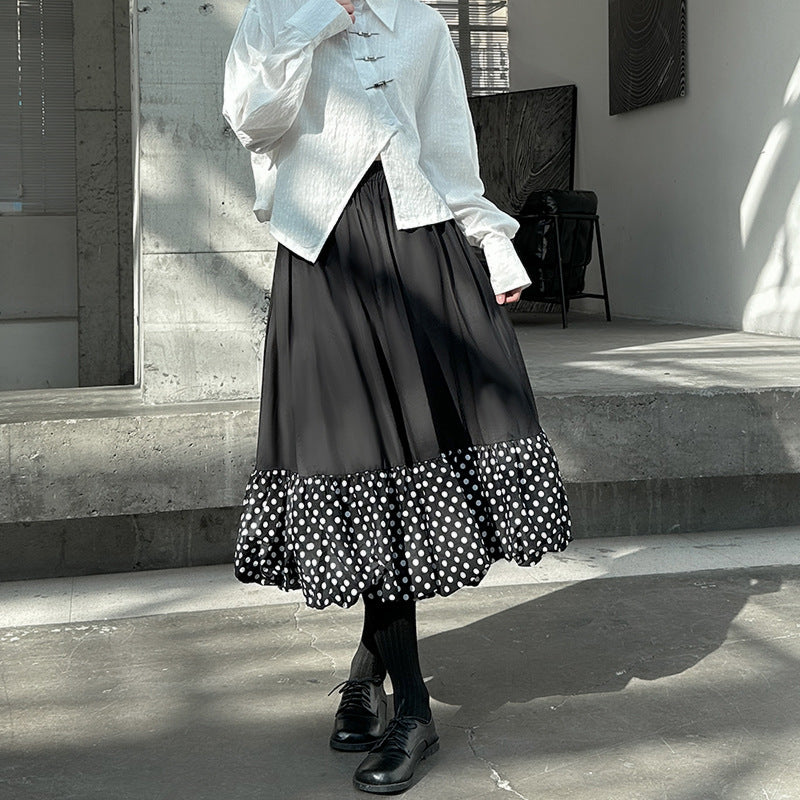 【ボトムス】春 秋 冬 ウエストゴム バルーン裾 ドット切り替え Aライン スカート 【AHシリーズ】