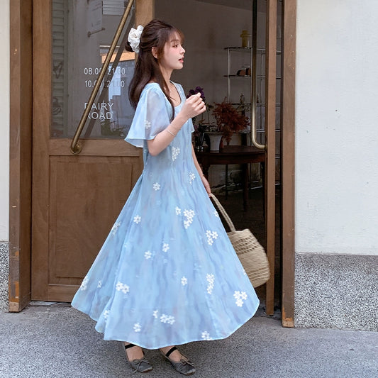 【ワンピース】フレンチ プリント シフォン ドレス｜海辺 リゾート ロング 半袖ワンピース【SHシリーズ】