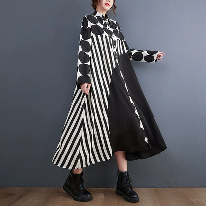 【ワンピース】配色ドット柄シャツワンピース レディース 春新作 大きいサイズ ゆったり ロング丈 カジュアル【JZシリーズ】