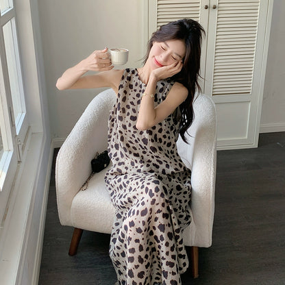 【ワンピース】大人可愛い ヒョウ柄 ノースリーブワンピース 夏 タンクトップ風 ロング丈【SHシリーズ】