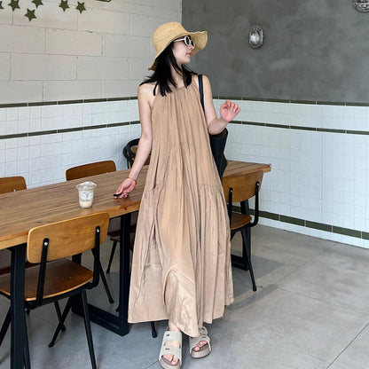 【ワンピース】フレンチ ロマンチック ホルターネック ワンピース｜上品 プリーツ ギャザー ロング丈｜ノースリーブ 高級感 通勤 オフィス カジュアル ゆるシルエット【JZシリーズ】