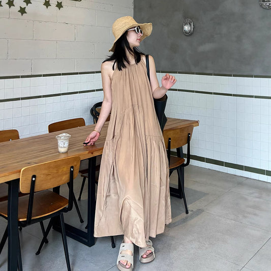 【ワンピース】フレンチ ロマンチック ホルターネック ワンピース｜上品 プリーツ ギャザー ロング丈｜ノースリーブ 高級感 通勤 オフィス カジュアル ゆるシルエット【JZシリーズ】
