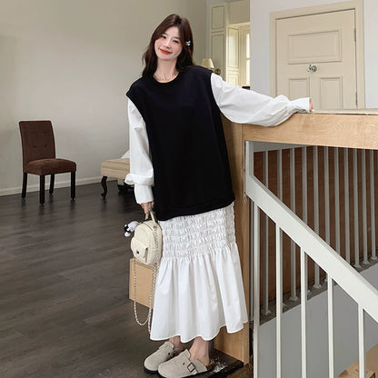 【ワンピース】レイヤード風 スウェットワンピース レディース ゆったり 体型カバー カジュアル ロング丈 長袖ワンピース 冬向け【JZシリーズ】