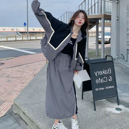 2点セット！【セットアップ】韓国CHIC 配色ジャケットスカート 上下セット レディース ストライプ柄 リラックス 秋セット【FCシリーズ】