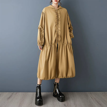 【アウター】春秋新作 フード付き 長袖 トレンチコート ゆったり 大きいサイズ 無地 ロング丈【AHシリーズ】