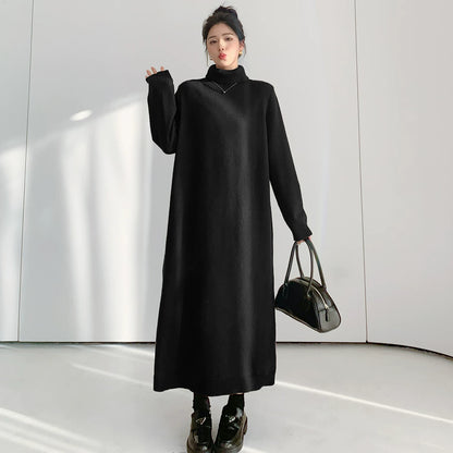 【ワンピース】韓国風ルーズシルエットハイネックニットワンピース レディース 秋冬新作 大きいサイズ 無地 ロング丈【JZシリーズ】