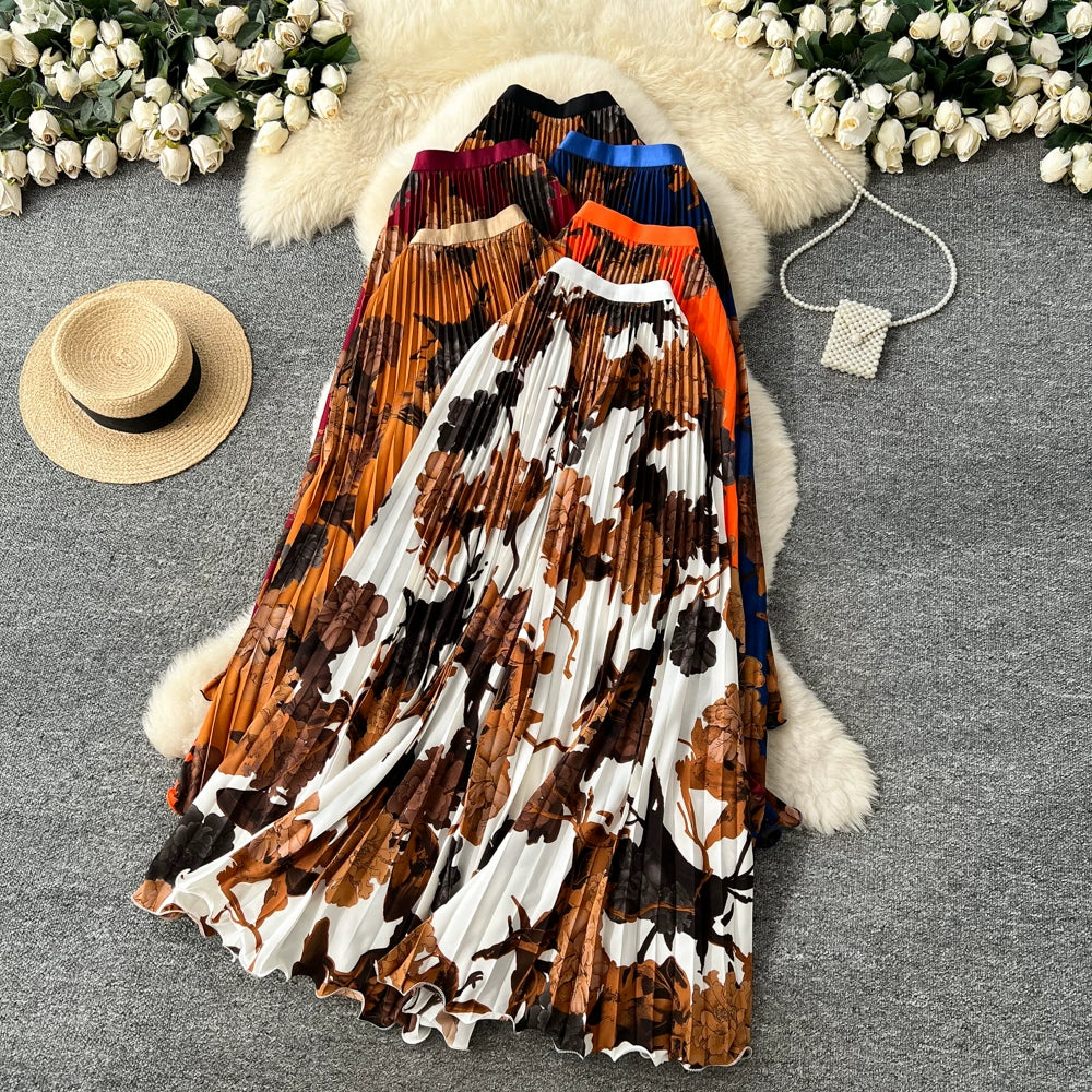 期間限定🍂60%OFF【ボトムス】レトロプリントAラインプリーツロングスカート レディース ハイウエスト 個性派デザイン きれいめ 通勤 大人っぽい【SHシリーズ】