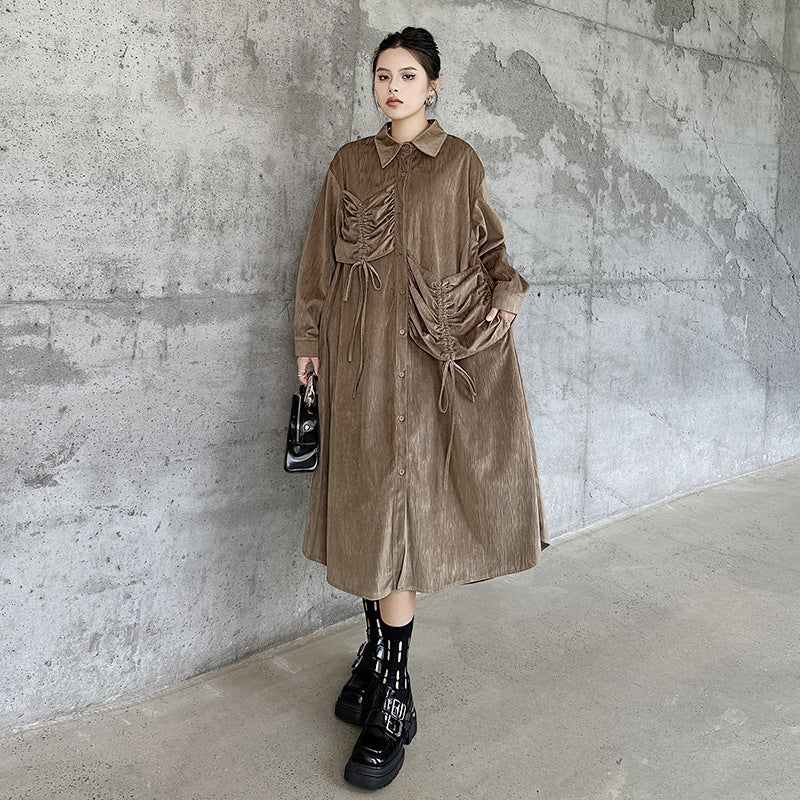 【ワンピース】フレンチレトロ 切替デザイン 大ポケット 長袖 ワンピース 秋新作 ゆったり 【JZシリーズ】