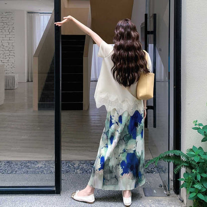 2点セット！【セットアップ】夏 体型カバー ゆったり トップス＋プリーツ スカート 上下セット【SHシリーズ】