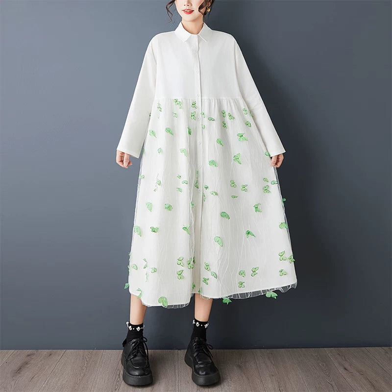 【ワンピース】花柄チュール切替シャツワンピース レディース 春秋新作 大きいサイズ ゆったり 長袖 大人可愛い【SHシリーズ】