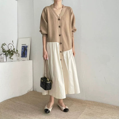 【24AW】【ワンピース】レジャー Vネック 配色 切り替え 長袖ワンピース