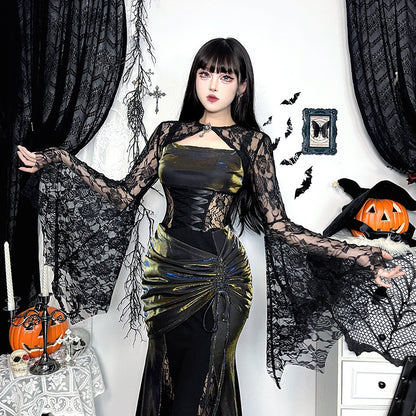 【ハロウィン】欧米風 エレガント レース バットスリーブ アシンメトリー ケープトップ＋ワンピース