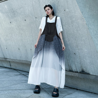 【ワンピース】欧米風 グラデーション デニム サロペットワンピース レディース ノースリーブ  夏 ロングワンピース ゆったり タイダイ カジュアル【AHシリーズ】