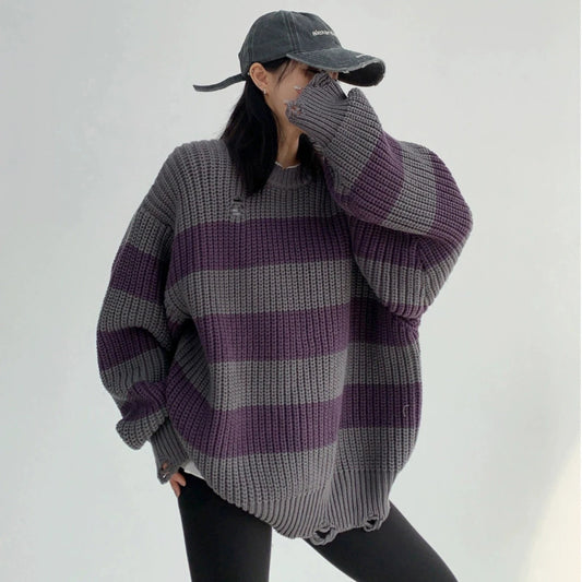 【24AW】【トップス】アメリカン ストライプ ゆったり レトロ カップル用 ニットセーター【FCシリーズ】