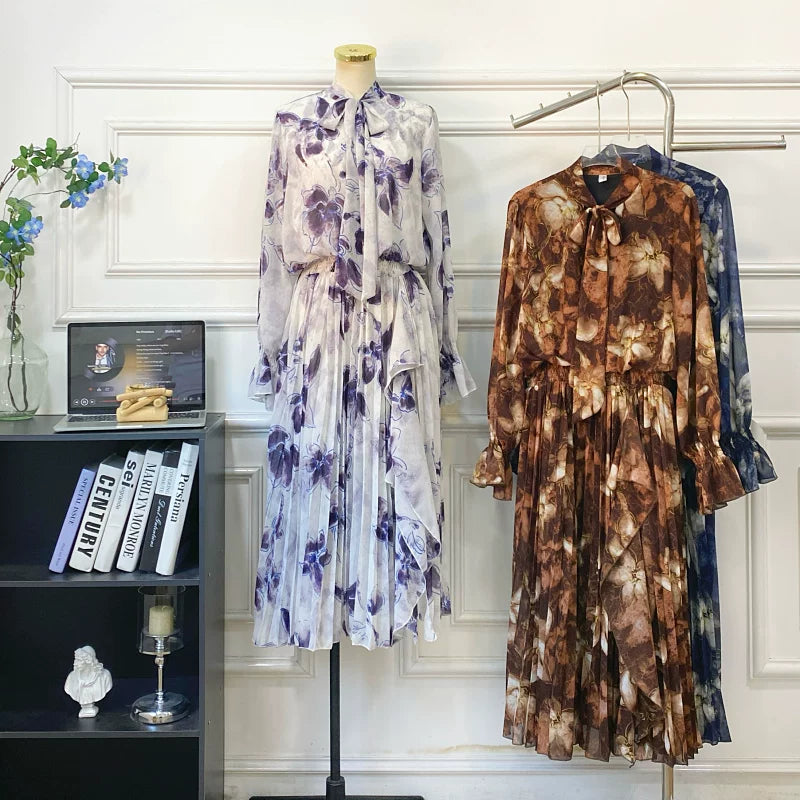 期間限定⭐️60%OFF【ワンピース】リボン付き シフォン ハイウエスト 小花柄 長袖 ワンピース 【SHシリーズ】