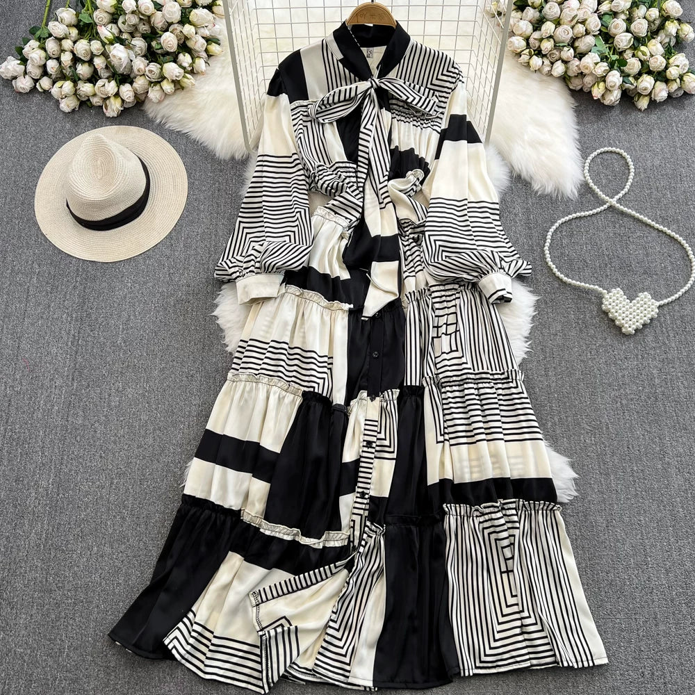 【ワンピース】シングルボタン プリント レディライク フレア 長袖 ワンピース 【SHシリーズ】