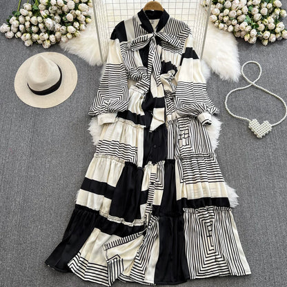 【ワンピース】シングルボタン プリント レディライク フレア 長袖 ワンピース 【SHシリーズ】