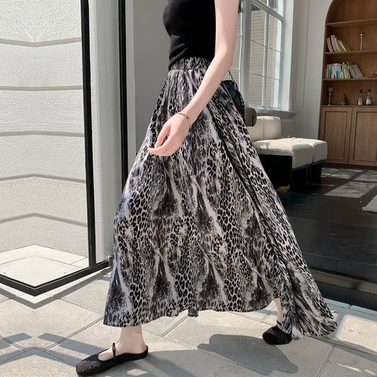 【ボトムス】レトロヒョウ柄スカート トレンド感 ゆったり フレアロングスカート 垂れ感シフォンAラインスカート【SHシリーズ】