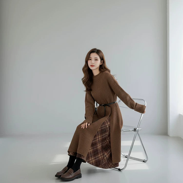 【セットアップ】メラード風 春 秋 冬 ニット ワンピース + ベルト + チェック柄  スカート 3点 ワンピースセット 【JZシリーズ】