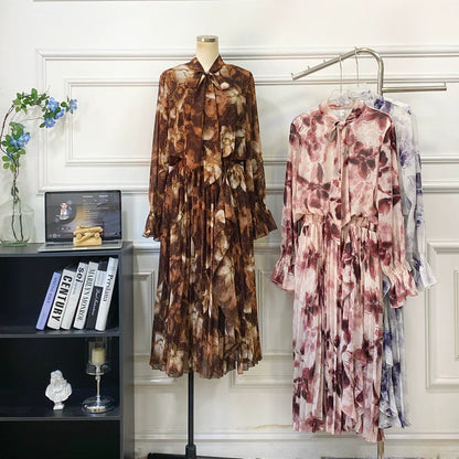 期間限定⭐️60%OFF【ワンピース】リボン付き シフォン ハイウエスト 小花柄 長袖 ワンピース 【SHシリーズ】