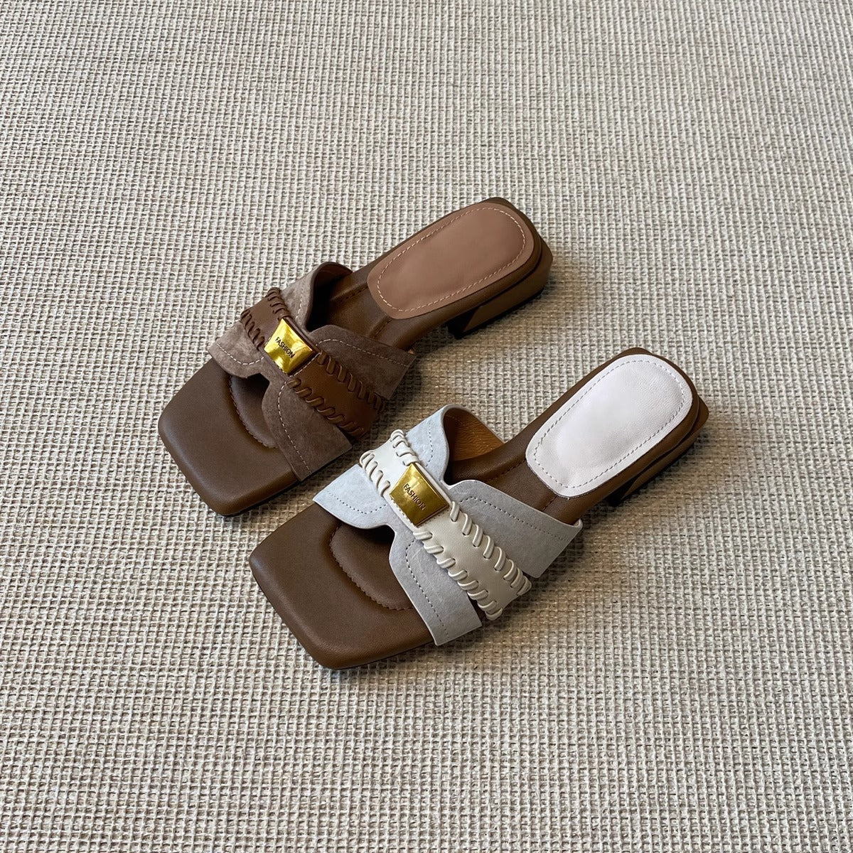 【シューズ】スクエアトゥ フレンチ風 ローヒール 編み込みサンダル