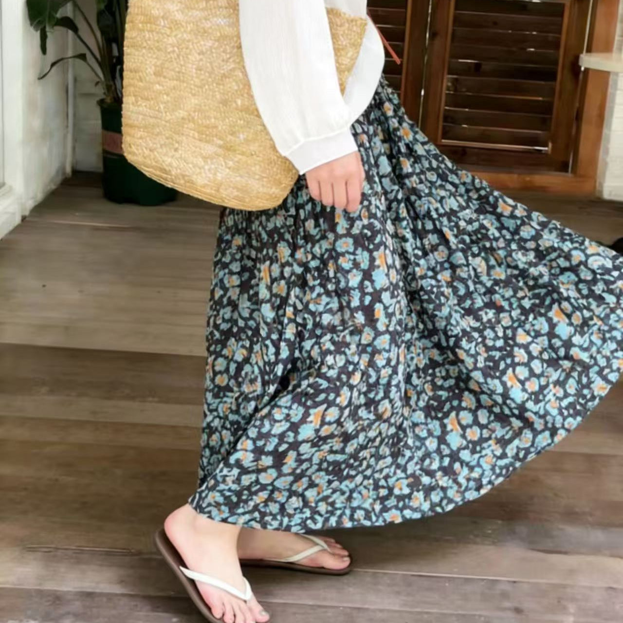 【ボトムス】レトロ花柄 フレアロングスカート レディース 春夏 ハイウエスト ゆったり リゾートコーデ 上品 ナチュラル【SHシリーズ】