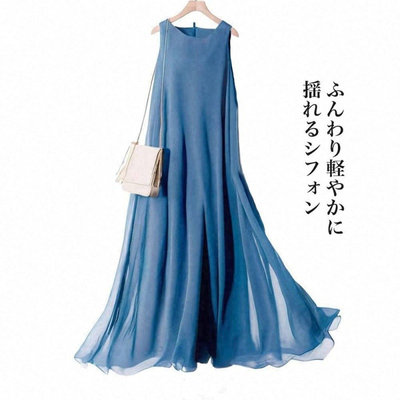 【ワンピース】クルーネック Aライン シフォン 二重仕立て ノースリーブ ワンピース 【JZシリーズ】