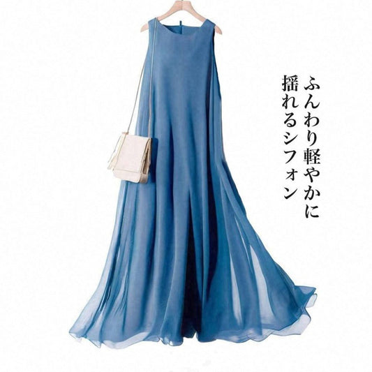 【ワンピース】クルーネック Aライン シフォン 二重仕立て ノースリーブ ワンピース 【JZシリーズ】