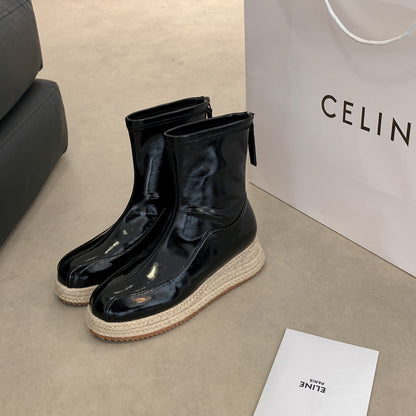 【シューズ】ウェッジヒール スクエアトゥ バックジップ エスパドリーユ 厚底ブーツ