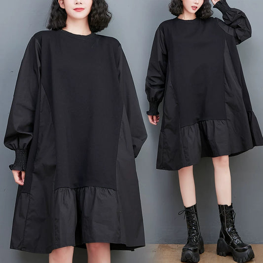 【60%OFF⭐️早い者勝ち】【ワンピース】韓国風 ゆったり 大きいサイズ 体型カバー クルーネック 切替 長袖 スウェットワンピース【AHシリーズ】