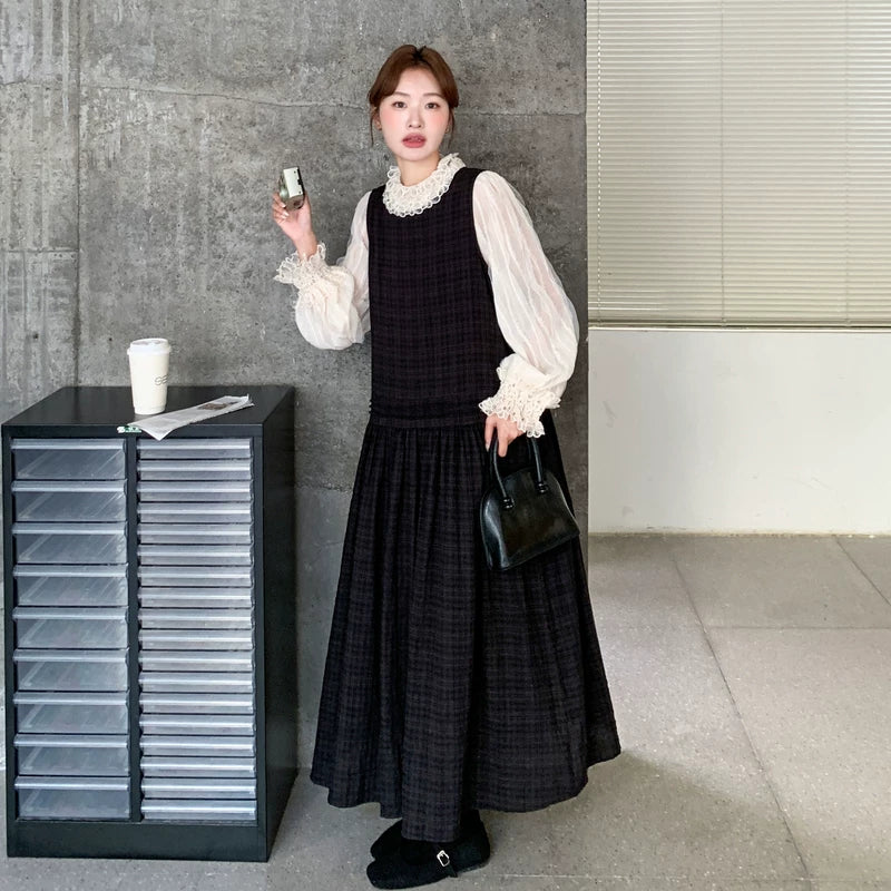 【セットアップ】ベストワンピース×レース切替シャツ セットアップ 韓国シック 上品【JZシリーズ】