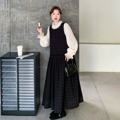 【セットアップ】ベストワンピース×レース切替シャツ セットアップ 韓国シック 上品【JZシリーズ】