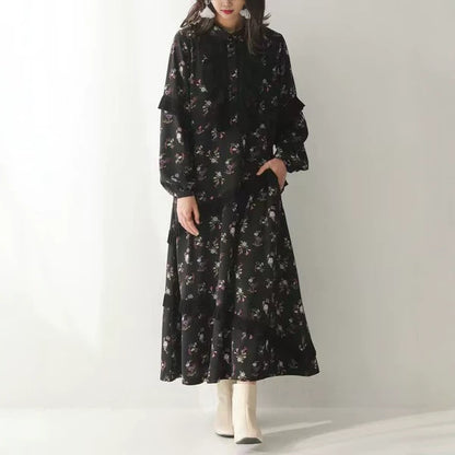 【ワンピース】フレンチ花柄ロングワンピース レディース 長袖 ギャザーデザイン ナチュラル フェミニン【SHシリーズ】
