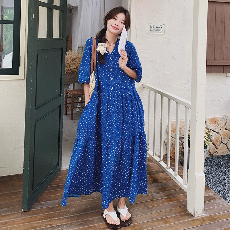 【ワンピース】ドーパミン  小花柄ドット Vネック 半袖ワンピース レディース 夏 リラックス感 シフォンロングドレス【SHシリーズ】