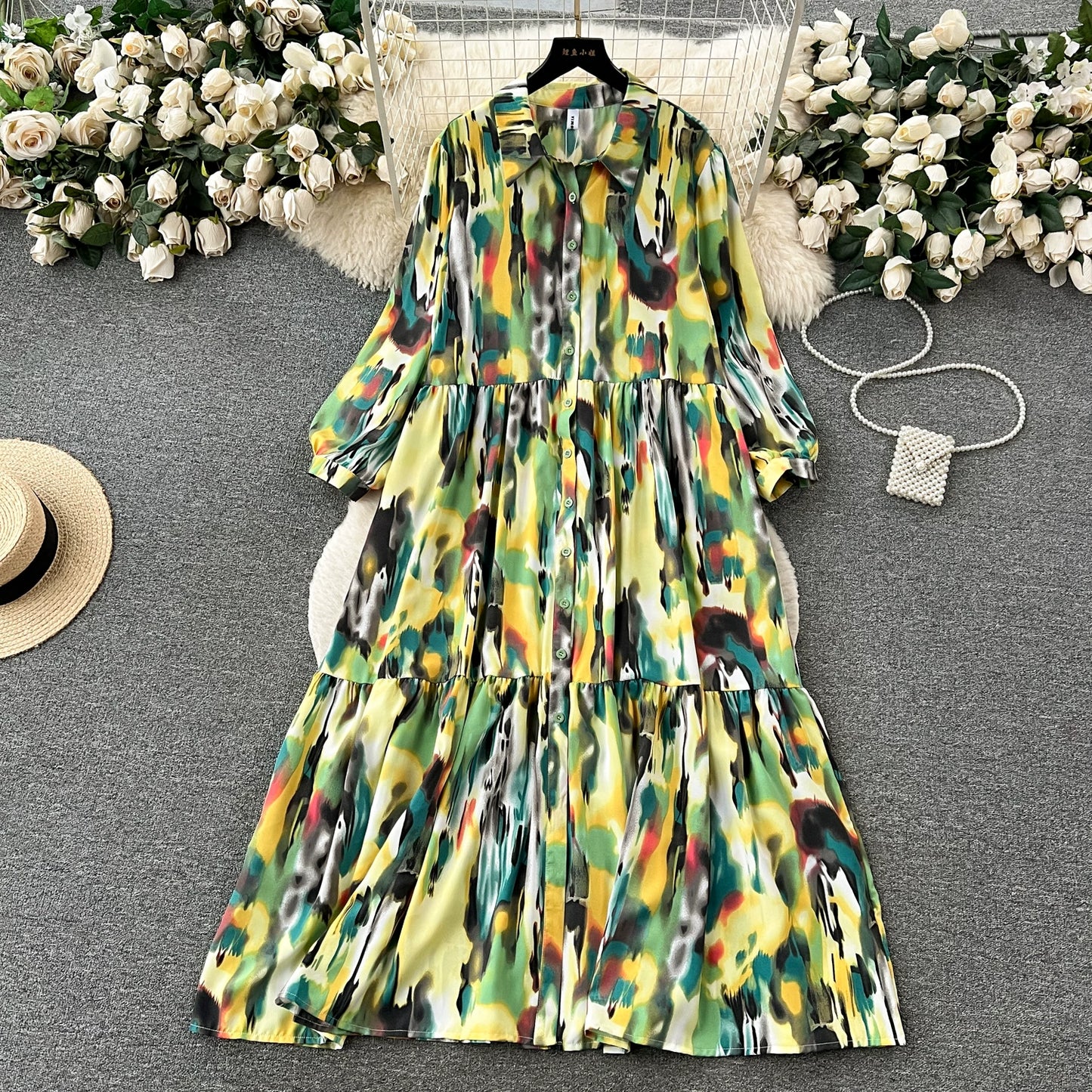 4カラー【ワンピース】個性派 グラデーション柄 長袖 ゆったりシルエット 体型カバー Aライン フレア シャツワンピース レディース ワンピース【SHシリーズ】