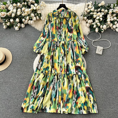 4カラー【ワンピース】個性派 グラデーション柄 長袖 ゆったりシルエット 体型カバー Aライン フレア シャツワンピース レディース ワンピース【SHシリーズ】