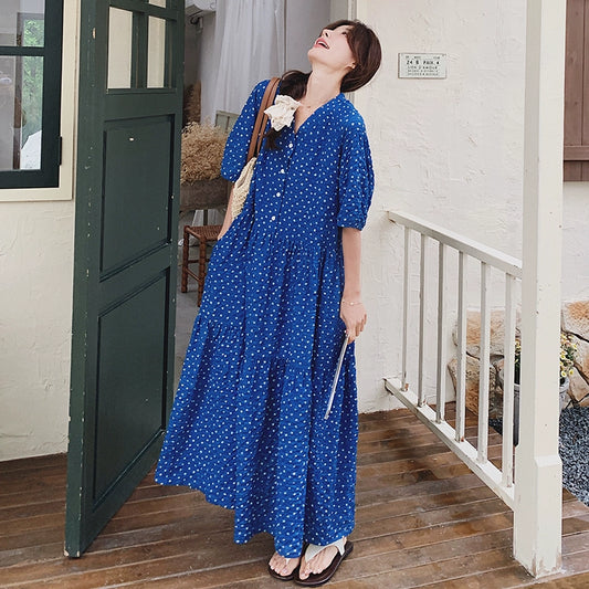 【ワンピース】ドーパミン  小花柄ドット Vネック 半袖ワンピース レディース 夏 リラックス感 シフォンロングドレス【SHシリーズ】