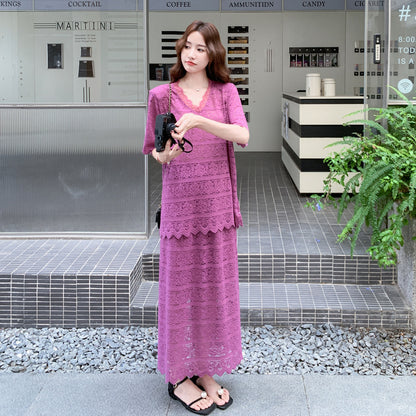 2点セット！【セットアップ】通勤気質  Vネックレース透かし彫りトップス＋万能ハイウエストスカート上下セット【SNシリーズ】