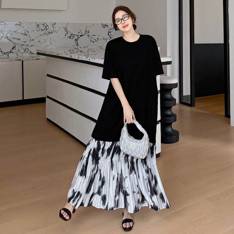 【ワンピース】夏 大きいサイズ レディース 水墨染め フレアスカート 半袖 ワンピース ゆったりサイズ【SHシリーズ】