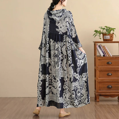 【60%OFF⭐️早い者勝ち】【ワンピース】上品 ナチュラル コットンリネン フード付き プリント 長袖ワンピース 大きいサイズ レディース ロングドレス【SHシリーズ】