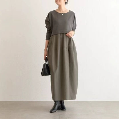 期間限定🍂60%OFF【ワンピース】ラウンドネックデザイン切替ワンピース レディース 秋冬新作 ゆったり ロング丈【JZシリーズ】