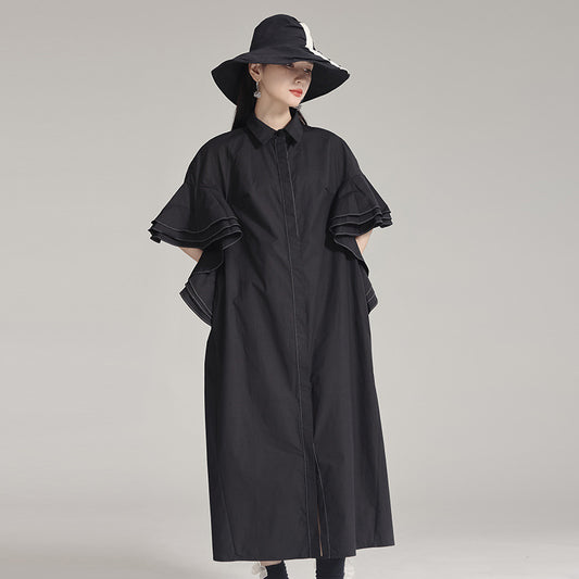 【ワンピース】フリルスリーブ 折り襟 細見え シャツワンピース 【AHシリーズ】