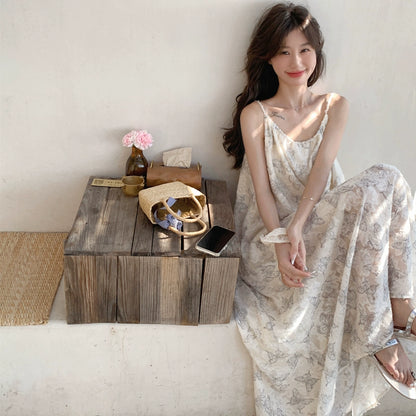 【ワンピース】夏新作 レース刺繍＆バタフライプリント ノースリーブキャミソールワンピース 気質漂うエレガントロングドレス【SHシリーズ】